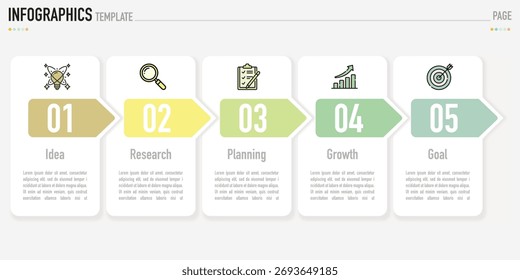 Modelo infográfico retangular ou elemento com 5 passos, processo, opção, retângulo colorido, ícones, triângulo, origami de papel, botão, tag, círculo, circular, barra quadrada para slide de venda, planejador de internet