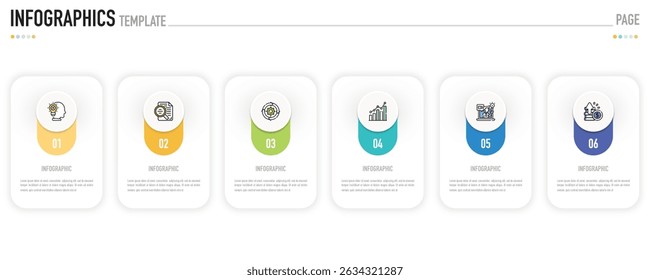 Rectangular infographic template or element with 6 step, process, option, colorful rectangle, icons, triangle, paper origami, button, tag, circle, circular, square bar for sale slide, internet planner