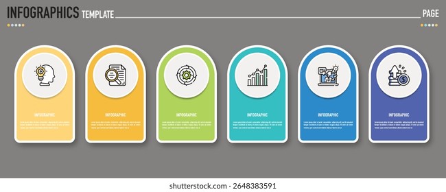 Modelo infográfico retangular ou elemento com 6 passos, processo, opção, retângulo colorido, ícones, triângulo, origami de papel, botão, tag, círculo, circular, barra quadrada para slide de venda, planejador de internet