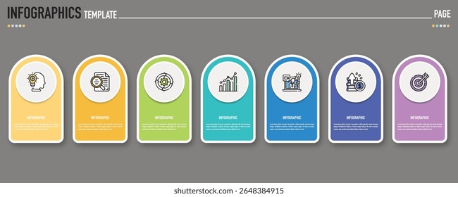 Rectangular infographic template or element with 7 step, process, option, colorful rectangle, icons, triangle, paper origami, button, tag, circle, circular, square bar for sale slide, internet planner
