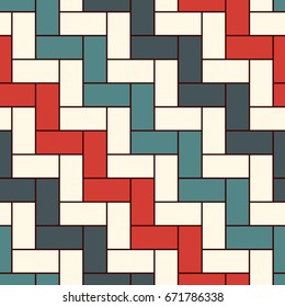 Rectangular interlocking blocks wallpaper. Parquet background. Seamless surface pattern design with repeated rectangles. Zig zag mosaic motif. Digital paper for page fills, web designing. Vector