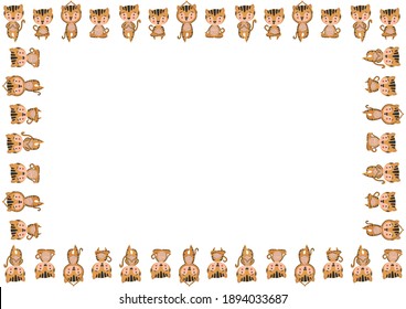The rectangular isolated frame A4 with a place for text of cute stylized cartoon smiling tigers in various yoga asanas on a white background. Nursery decor, invitation, poster, graphic design. Vector.