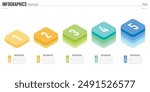 Rectangular isometric infographic template or element with 5 step, process, option, colorful rectangle, bar, column, arrow, minimal style, slide
