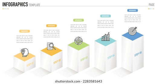 Rectangular isometric infographic template, element with 5 step, process, option, colorful icons, 3D rectangle, bar, column, stage, paper origami, funnel, pyramid for sale slide, modern minimal style 