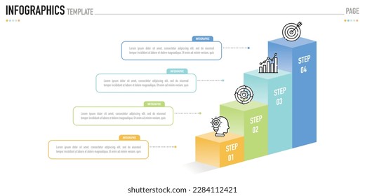 Rectangular isometric infographic template or element as a vector with 4 step, process, option, colorful 3D rectangle, icons, thin line, column, bar, pyramid, cube, square for sale slide, modern style