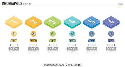 Rechteckige isometrische Infografik-Vorlage oder -Element mit 6 Stufen, Prozess, Option, buntem Rechteck, Balken, Säule, Pfeil, Minimalstil, Folie