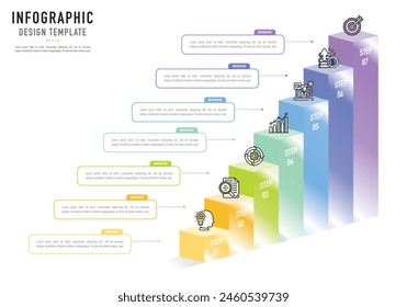 Rectangular isometric infographic template or element as a vector with 7 step, process, option, colorful 3D rectangle, icons, thin line, column, bar, pyramid, cube, square for sale slide, modern style