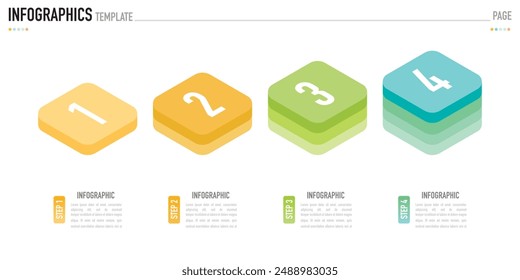 Rectangular isometric infographic template or element with 4 step, process, option, colorful rectangle, bar, column, arrow, minimal style, slide