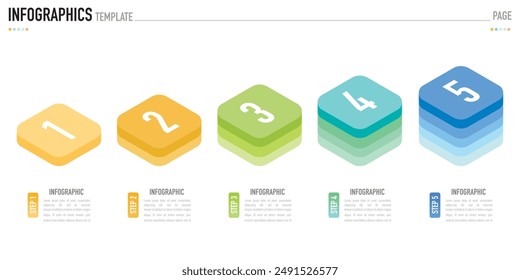 Rectangular isometric infographic template or element with 5 step, process, option, colorful rectangle, bar, column, arrow, minimal style, slide