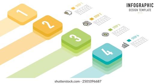 Rectangular isometric infographic template or element with 4 step, process, option, colorful rectangle, bar, column, arrow, minimal style, slide