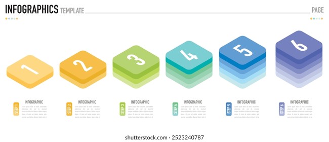 Rechteckige isometrische Infografik-Vorlage oder -Element mit 6 Schritten, Prozess, Option, buntem Rechteck, Balken, Spalte, Pfeil, minimalem Stil, Folie