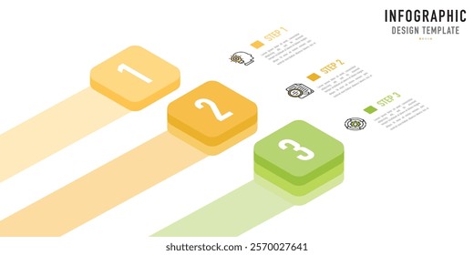 Rectangular isometric infographic template or element with 3 step, process, option, colorful rectangle, bar, column, arrow, minimal style, slide
