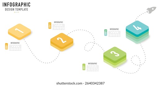 Rectangular isometric infographic template or element with 4 step, process, option, colorful rectangle, bar, column, arrow, minimal style, slide