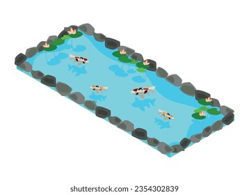 Laguna isométrica rectangular con carpas y nenúfares al estilo japonés.Ilustración vectorial aislada en fondo blanco.