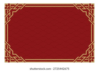 Rectangular Japanese Style Gold Frame with Red Wave Background. Rectangular gold ornamental frame with red wavy background in Japanese style. Vector design with empty space for text for banners and invitations.