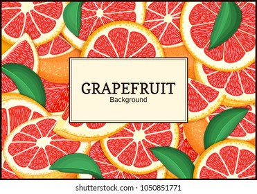 Rectangular label on citrus grapefruit background. Vector card illustration. Tropical juicy red pomelo frame peeled piece of half slice for design of food packaging juice breakfast, tea diet juce