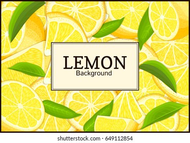 Rectangular label on citrus lemon fruits background Vector card illustration Tropical fresh juicy yellow lime fruit frame peeled piece of half slice for design of food packaging juice breakfast, detox