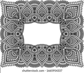 Rectangular lace frame design. Black Doily Fabric and Old lace Paisley ornament with flowers isolated on white background. Floral elements in Indian style. Vector illustration.