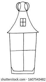 Rectangular lantern with a window and a stand for lighting rooms and streets. Reminds fabulous lanterns for gnomes, forest dweller, selves, nymphs. Hand drawn by black pen on white, isolated, outline.