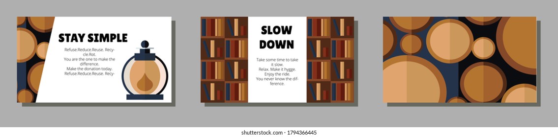 Rectangular leaflets 1980x1080 with cozy flat style vintage interior hygge symbols of recreation: books, sweater, wood, flame. Template for presentation, social media event cover, blog, ads. EPS 10