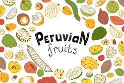 Rectangular Lettering Peruvian Fruits With A Large Set Of Latin American Berries And Fruits.