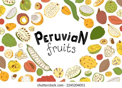 Rectangular lettering Peruvian fruits with a large set of Latin American berries and fruits.