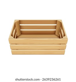A rectangular light wood box with open side panels. Universal container for storing and transporting fruits, vegetables. Realistic vector illustration. Side view. Isolated background.