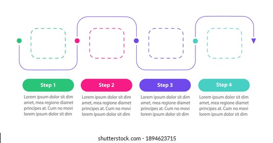 Rechteckige lineare Vektorgrafik-Vorlage. Designelemente für Firmenpräsentationen mit Textraum. Visualisierung von Daten in 4 Schritten. Prozesszeitdiagramm. Workflow-Layout mit Kopienraum