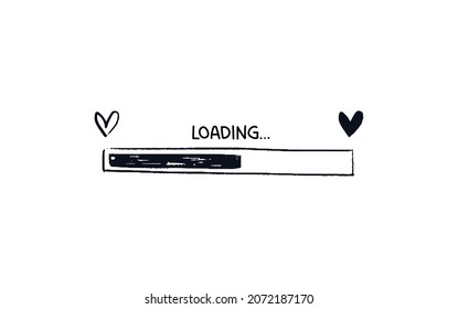 Rectangular loading bar with a heart empty and full. Hand-drawn progress bar with love. Black on white doodle web page upload concept with caption. Vector illustration isolated on white background.