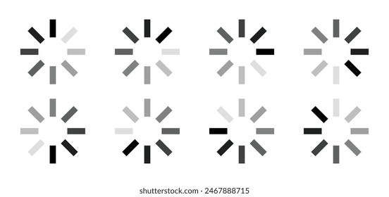 Rectangular loading indicator buffering symbols with eight shaded of black. Internet download or upload buffering vector illustration isolated on white background.