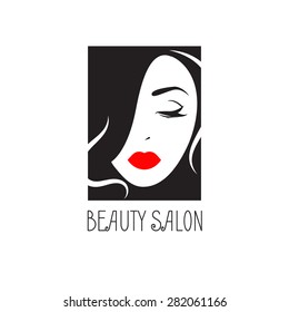 Rectangular logo for a beauty salon. Girl with closed eyes. Vector illustration.Fashion silhouette woman style