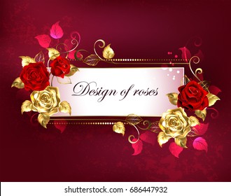 Rectangular, long banner with gold, red roses and golden leaves on textured background.