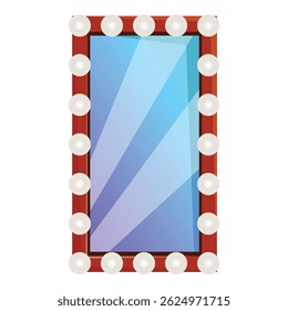 Rectangular makeup mirror surrounded by round light bulbs is reflecting blue light, isolated on a white background
