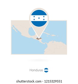 Rectangular map of Honduras with pin icon of Honduras