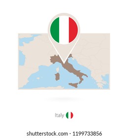 Rectangular map of Italy with pin icon of Italy