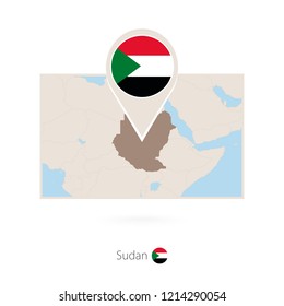 Rectangular map of Sudan with pin icon of Sudan
