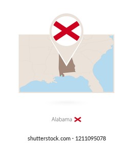 Rectangular map of US state Alabama with pin icon of Alabama