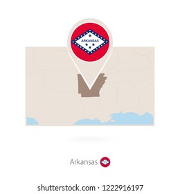 Rectangular map of US state Arkansas with pin icon of Arkansas
