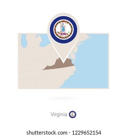 Rectangular map of US state Virginia with pin icon of Virginia