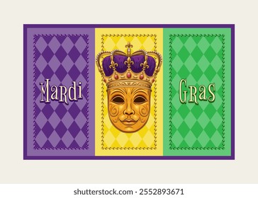 Rechteckiges Mardi Gras Banner, Fahne mit Perlen, goldene venezianische Gesichtsmaske in imperialer goldener Krone, Harlekin-Ornament. Traditionelle Ferienfarben. Vintage