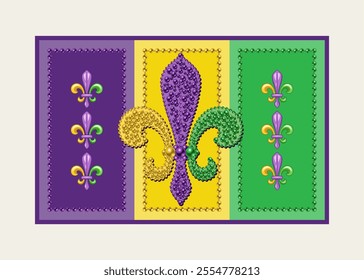 Rectangular Mardi Gras banner, flag with Fleur de Lis symbol, beads. Traditional holiday colors. Vintage style