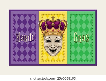 Rectangular Mardi Gras banner, flag with comedy face mask in imperial crown, harlequin ornament, strings of beads. Traditional holiday colors. Vintage style