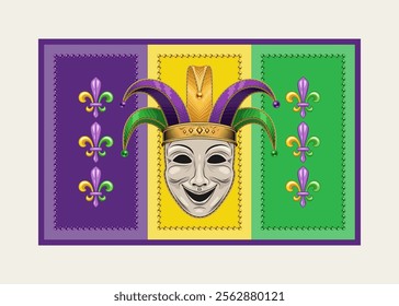 Rectangular Mardi Gras banner, flag with Fleur de Lis symbol, beads, jester face mask in harlequin hat. Traditional holiday colors. Vintage style