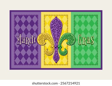 Rectangular Mardi Gras banner, flag with Fleur de Lis symbol, beads, harlequin ornament. Traditional holiday colors. Vintage style