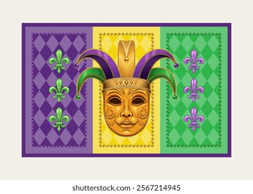 Rectangular Mardi Gras banner, flag with Fleur de Lis symbol, beads, golden venetian face mask in jester harlequin hat. Traditional holiday colors. Vintage style