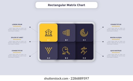 Actividades comerciales de Matriz rectangular de la plantilla de diseño de infografía de la empresa. Rendimiento de servicios de clientes corporativos. Elija opciones. Gráfico de cuadrícula con iconos y texto. Presentación de datos visuales