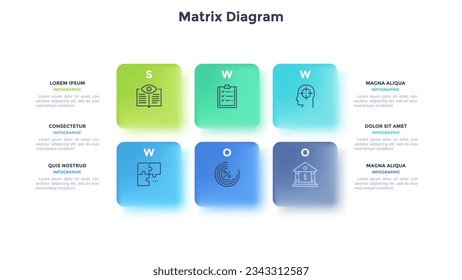 Rechteckige Matrix-Geschäftstätigkeiten der Firma Infografik Design Template. Leistung von Unternehmenskunden Wählen Sie Optionen aus. Gitterdiagramm mit Symbolen und Text. Visuelle Datendarstellung

