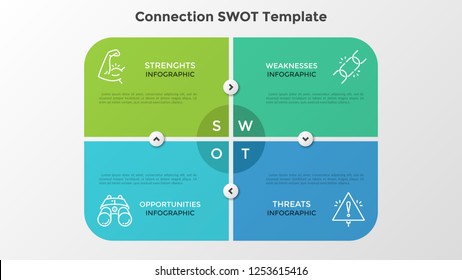 Rectangular matrix consisted of 4 colorful elements or cards connected by arrows. Creative infographic design template. Vector illustration for SWOT analysis of company and strategic planning.