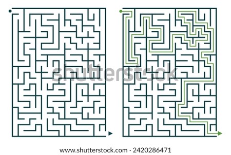 A rectangular maze game with a solution. Maze puzzle of medium difficulty for beginners