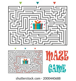 Rectangular maze labyrinth game for kids. Logic conundrum. Three entrance and one right way to go. Vector flat illustration isolated on white background.